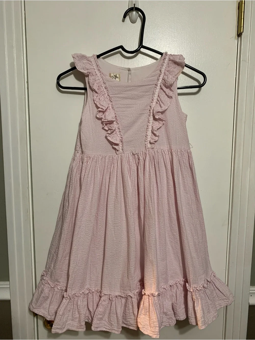 Laura Ashley London Girls Pink Seersucker Ruffle Dress Size 10 Cottagecore